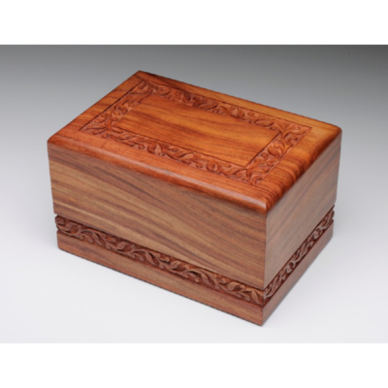 Carved Caramel Wood Urn, Affordable Memorial
