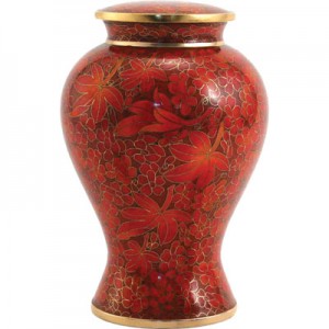 red and gold cremation urn