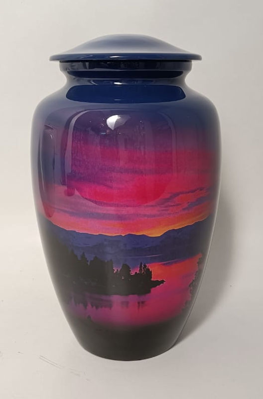 pink and purple sunset cremation urn