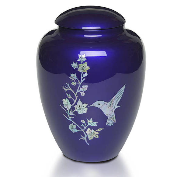 purple mother of pearl hummingbird cremation urn