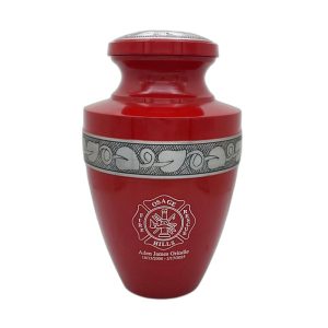 red metal firefighter cremation urn for ashes