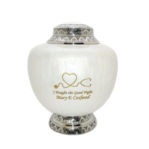white urn for ashes to honor nurse or doctor