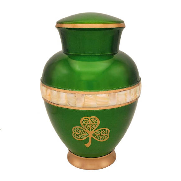 green shamrock mother of pearl cremation urn for ashes