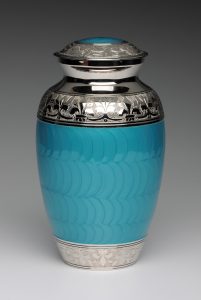 teal metal cremation urn for ashes