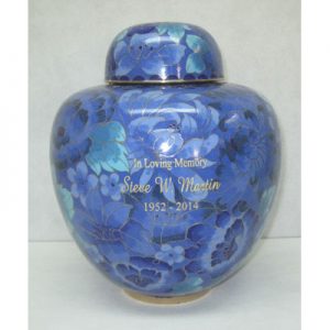 blue urn for ashes, engraved