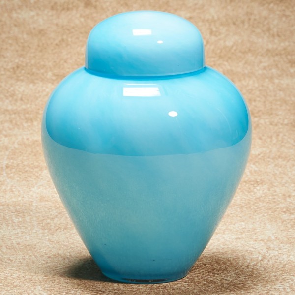 aqua blue hand blown glass urn