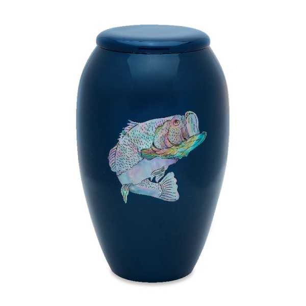 Blue Mother of Pearl Bass Fishing Cremation Urn Blue Mother of Pearl Bass Fishing Cremation Urn