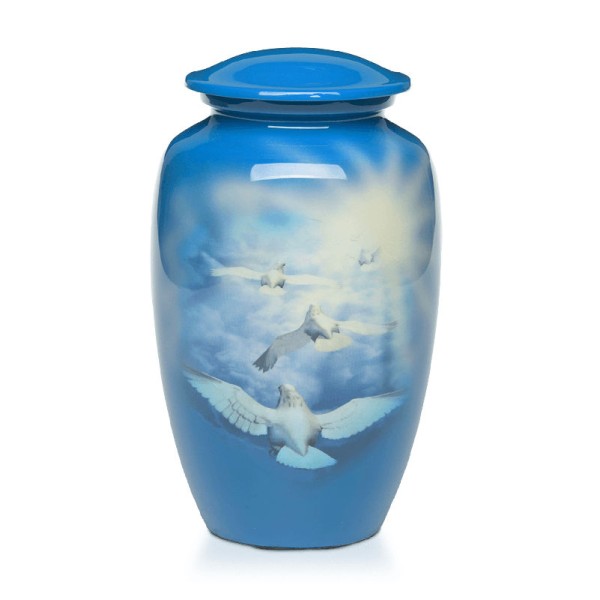 blue metal urn with doves cremains