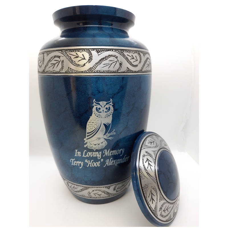 Blue Owl adult cremation urn for ashes