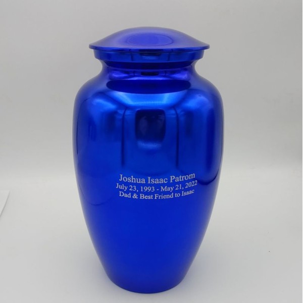 blue metal memorial urn for ashes