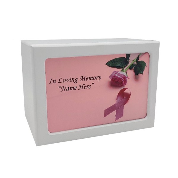Pink Ribbon White Wood Urn Box for Cremated Ashes Pink Ribbon White Wood Urn Box for Cremated Ashes