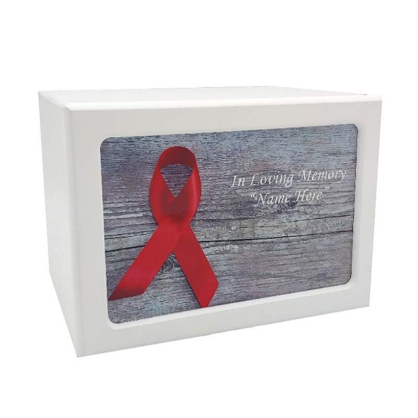 Red Ribbon White Wooden Urn Box 