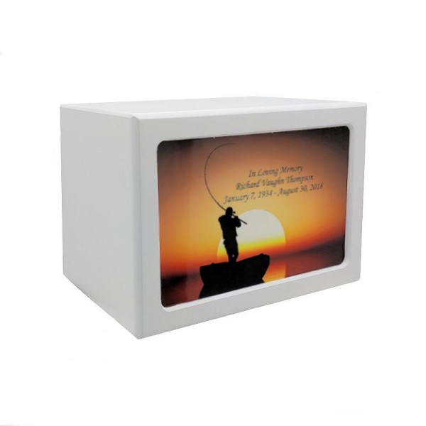 Cast Away White Wooden Fishing Urn Box - Free Engraving