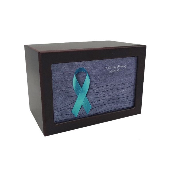 Teal Ribbon Wooden Urn Box Teal Ribbon Wooden Urn Box