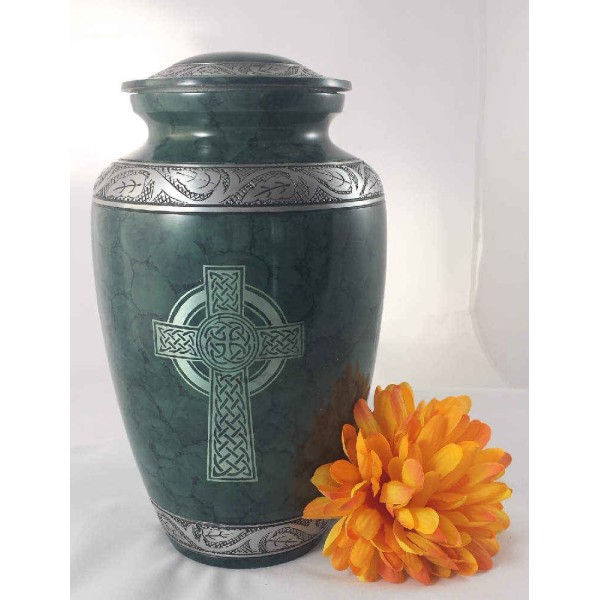 Irish green Celtic Cross Cremation Urn