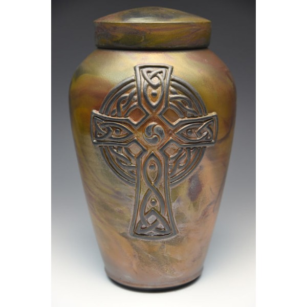 Celtic Cross Raku Pottery Adult Urn for Ashes Celtic Cross Raku Pottery Adult Urn for Ashes