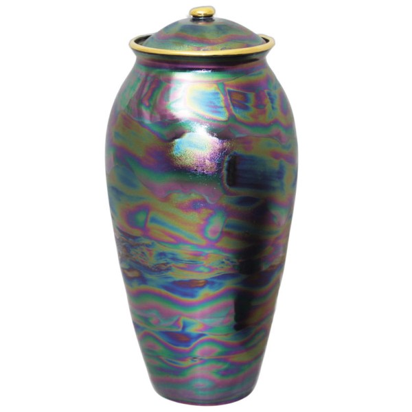 blue, purple, green ceramic memorial urn