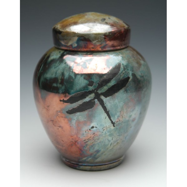 Raku Dragonfly Pottery Ceramic Cremation Jar Urn