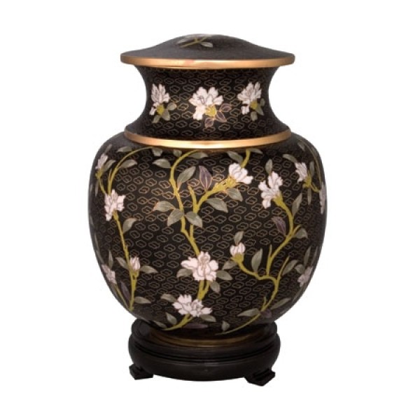 black and white floral cremation urn