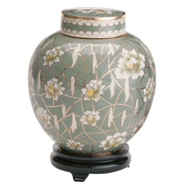 Metal Cremation Urns: Pear Blossom Cloisonne, Soft Sage Green Pear Blossom Adult Size Cloisonne Cremation Urn