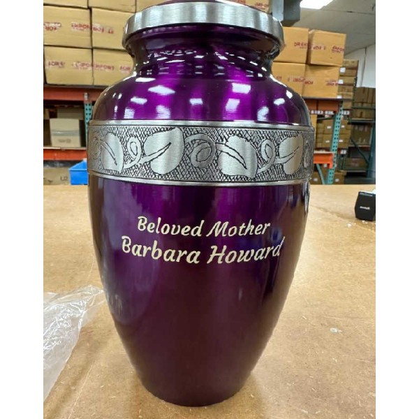 Purple Engraved Metal Cremation Urn for Ashes Purple Jasmine Engraved Metal Urn for Ashes