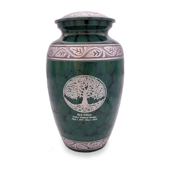 green metal tree of life cremation urn