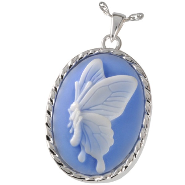 Blue Butterfly Sterling Silver Urn Cameo Necklace