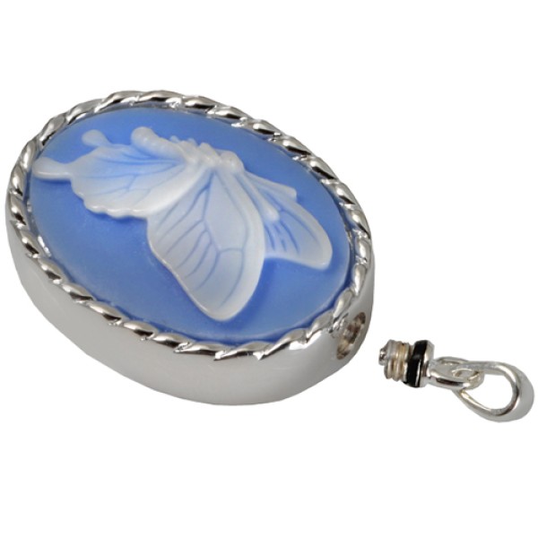 Blue Butterfly Sterling Silver Urn Cameo Necklace Blue Butterfly Silver Urn Cameo Necklace for Ashes
