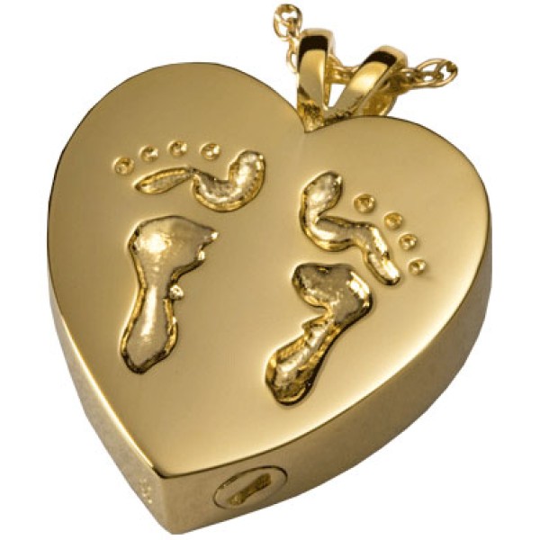 gold Urn keepsake jewelry with tiny footprints