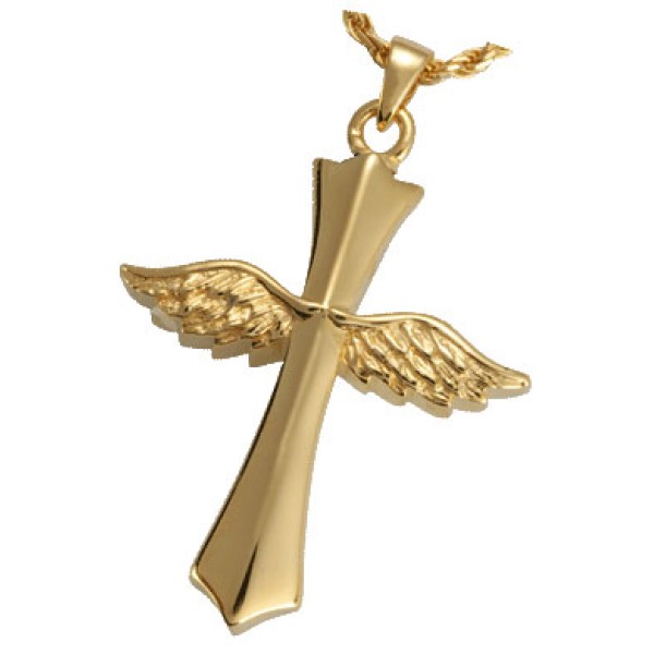 Gold Cross Necklace Urn with Angel Wings