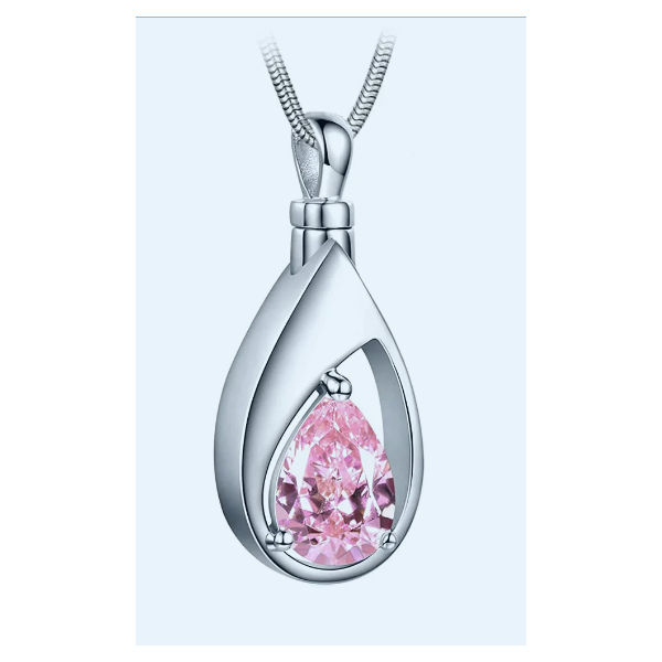 October Birthstone for Cremated Ashes Pink Silver Teardrop 