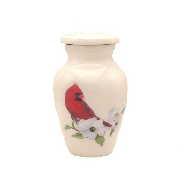 Small White Cardinal on Dogwood Branch Keepsake Urn Small White Cardinal on Dogwood Branch Keepsake Urn