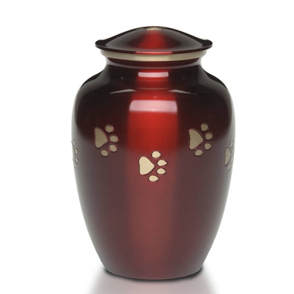 Medium red pet urn with paw prints