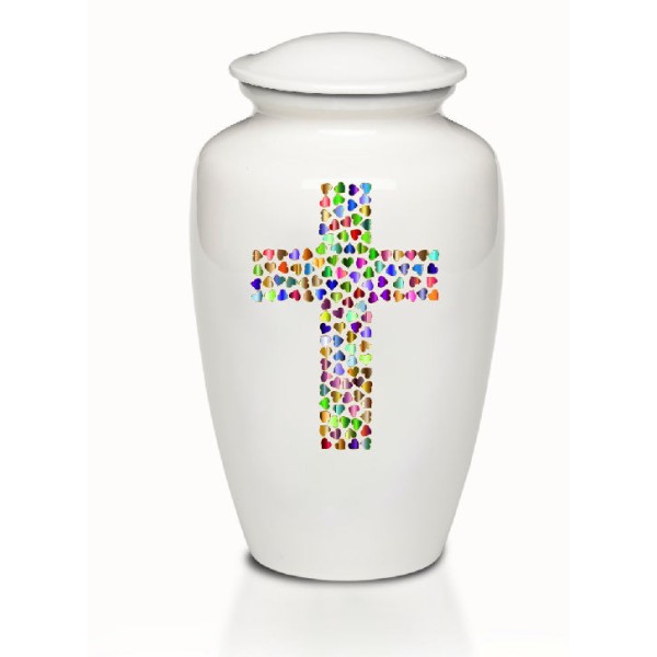 Cross of Many Colors White Cremation Urn 