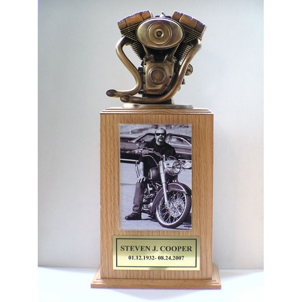 Bronze V-Twin Engine Wooden Motorcycle Urn