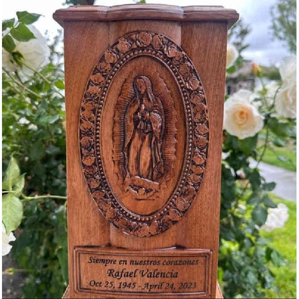 Lady of Guadalupe Wood Cremation Box Urn for Ashes Lady of Guadalupe Wood Box Urn for Ashes, Virgin Mary