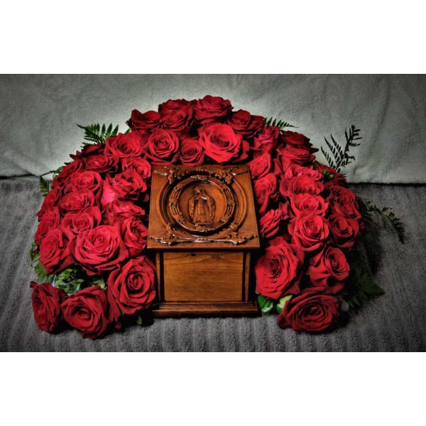 Virgin Mary Cherry Wood Cremation Box for Ashes Virgin Mary Cherry Wood Cremation Box for Ashes