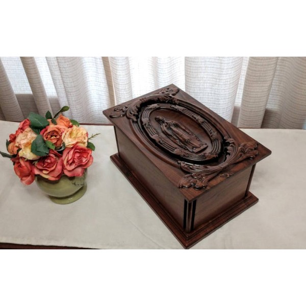 Virgin Mary Walnut Wood Cremation Box Virgin Mary Walnut Wood Cremation Box