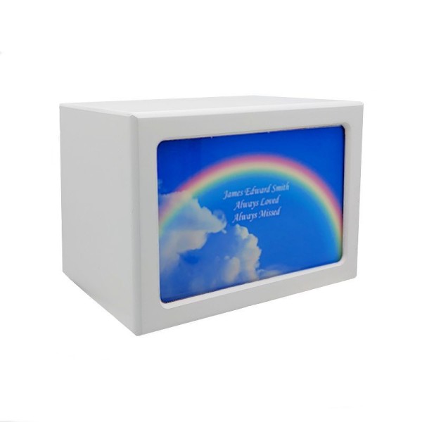 Rainbow Bridge Dog Cremation Urn - White Photo Box Free Engraving