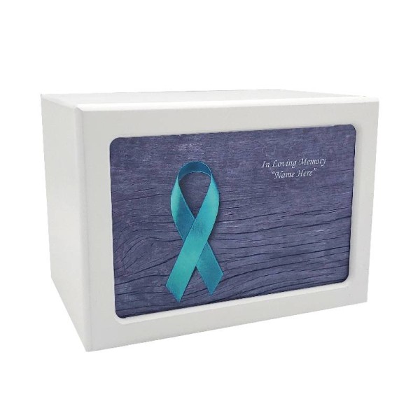 Teal Ribbon White Wooden Urn Box 