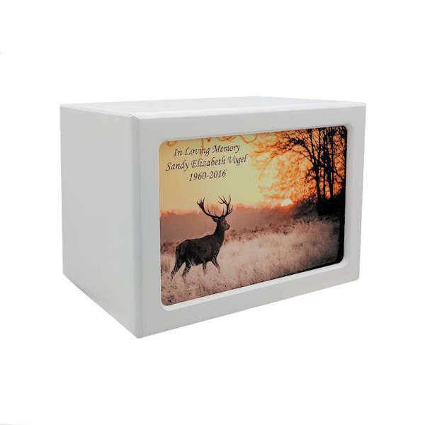 Deer at Sunset White Wooden Urn Box-Free Engraving