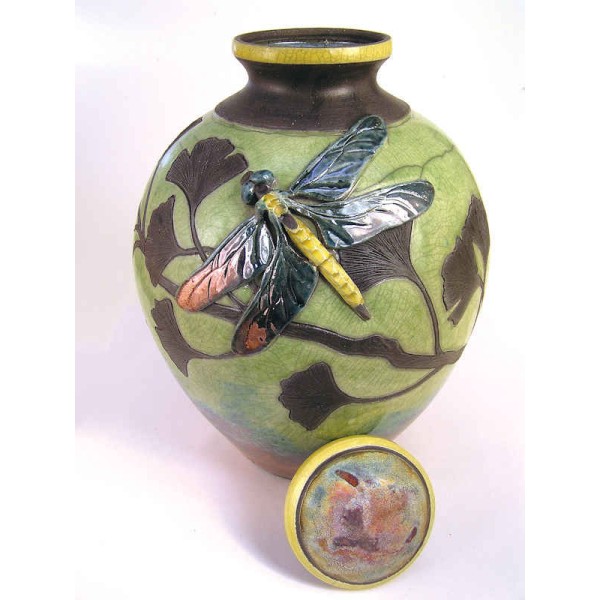 Dragonfly Gingko Leaf Raku Urn for Ashes