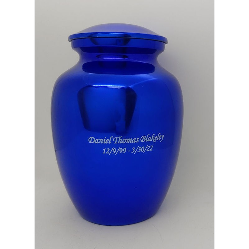 medium blue cremation urn for ashes engraved