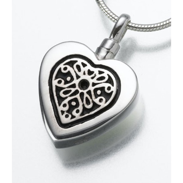 Silver Heart Urn Pendant Necklace with Filigree Inlay