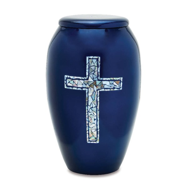 Blue Mother of Pearl Cross Cremation Urn