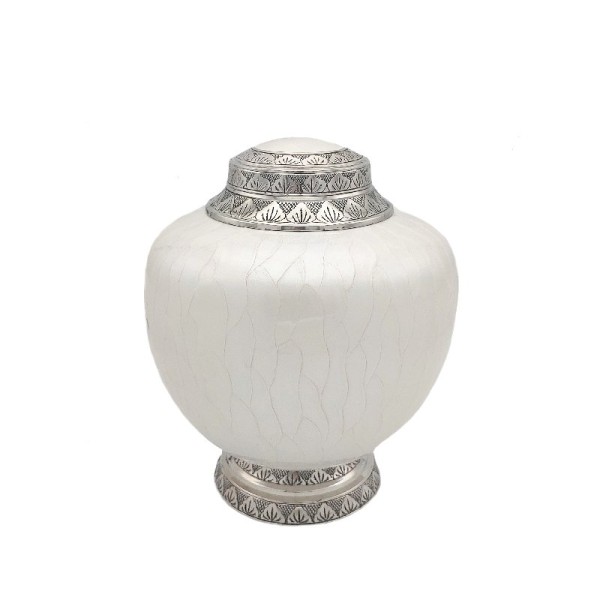 Classic White Cremation Urn With Silver Details