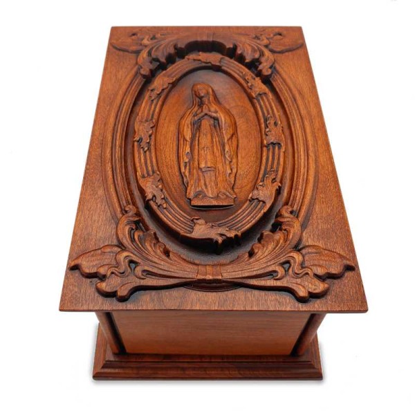Virgin Mary Cherry Wood Cremation Box for Ashes Made in USA